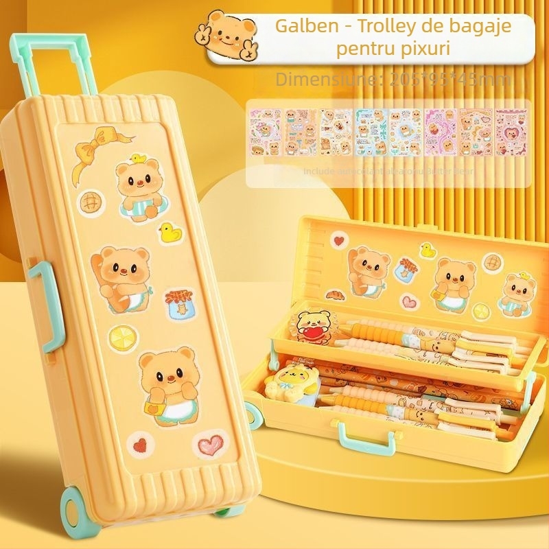 Cutie de papetărie din plastic, cu două niveluri, pliabilă – capacitate mare, cutie multifuncțională pentru elevi, model TLBH-01DK2