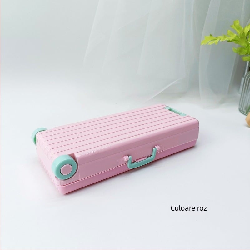 Cutie de papetărie din plastic, cu două niveluri, pliabilă – capacitate mare, cutie multifuncțională pentru elevi, model TLBH-01DK2