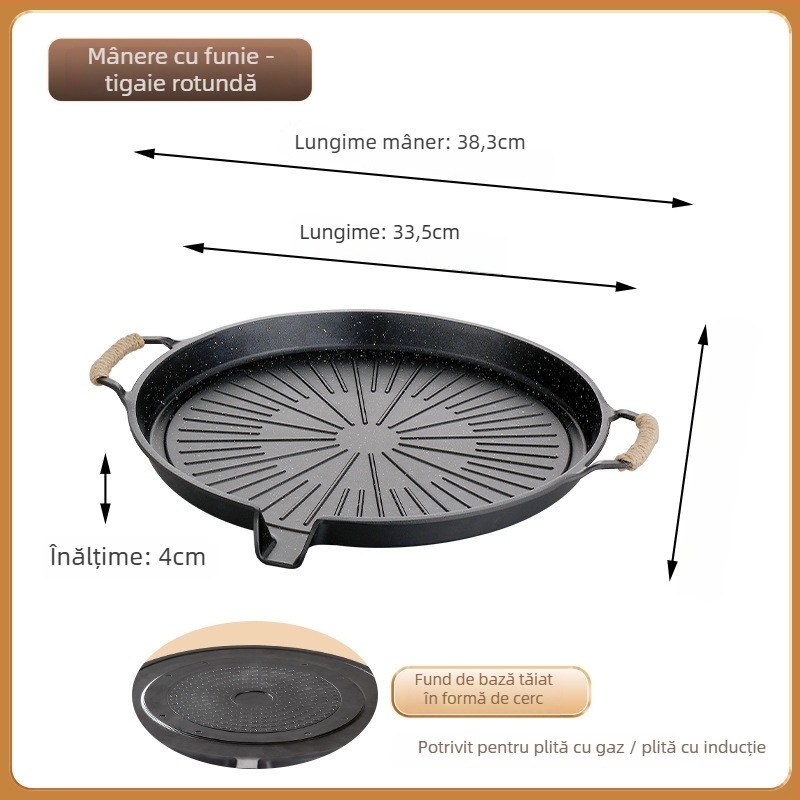 Tigaie BBQ outdoor, din aliaj, rotundă, stil Coreean - multifuncțională, portabilă, ușor de curățat, antiaderent