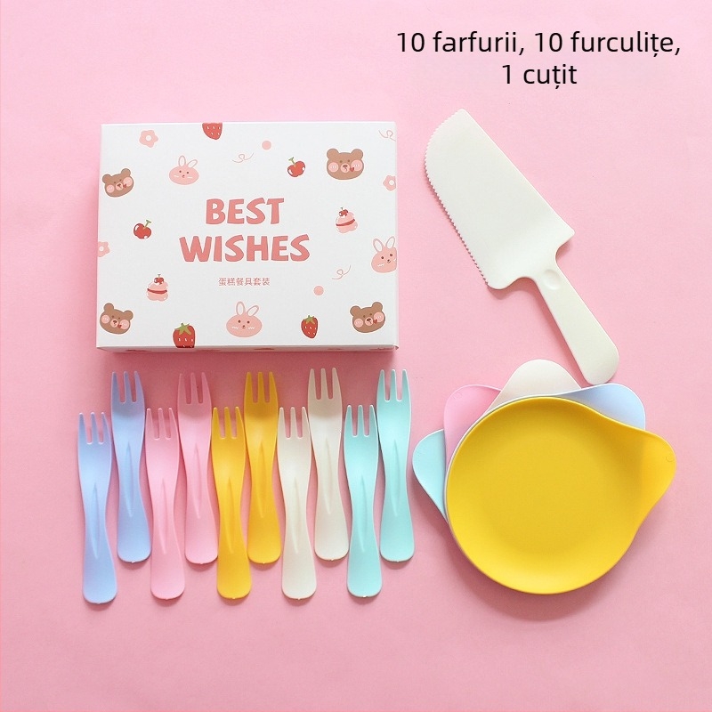 Set de farfurii și tacâmuri de plastic, de unică folosință, cu ursuleț desen animat, ambalat într-o cutie pentru petrecere