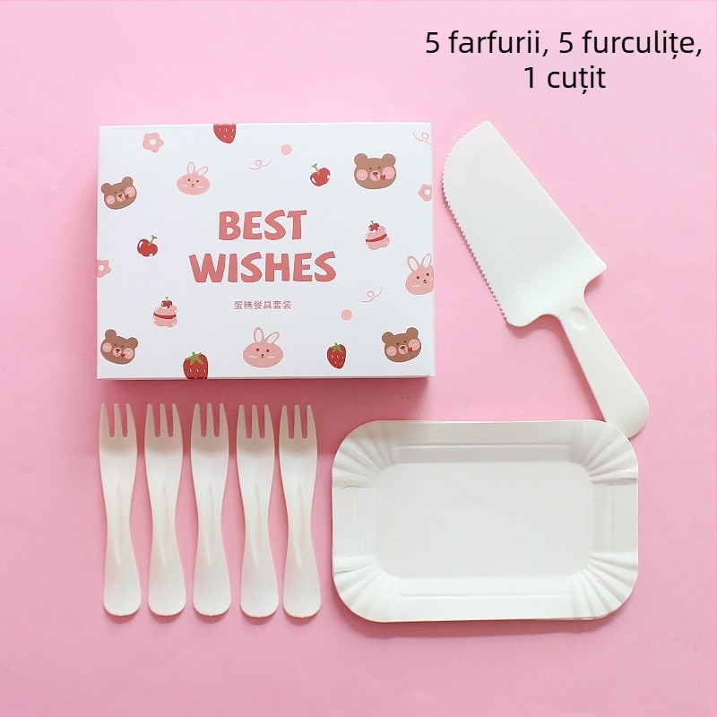 Set de farfurii și tacâmuri de plastic, de unică folosință, cu ursuleț desen animat, ambalat într-o cutie pentru petrecere