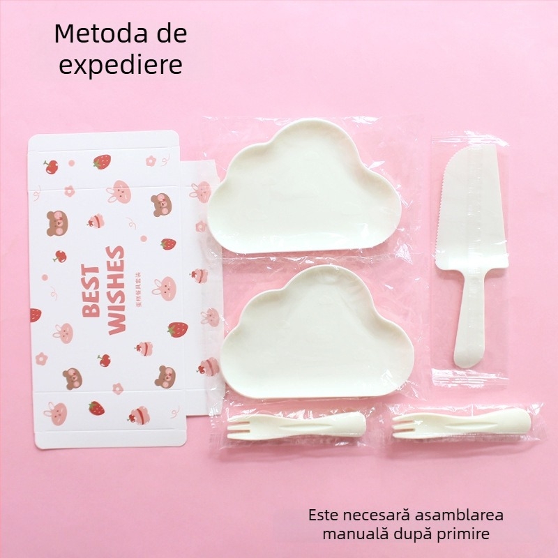 Set de farfurii și tacâmuri de plastic, de unică folosință, cu ursuleț desen animat, ambalat într-o cutie pentru petrecere