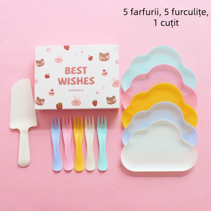 Set de farfurii și tacâmuri de plastic, de unică folosință, cu ursuleț desen animat, ambalat într-o cutie pentru petrecere