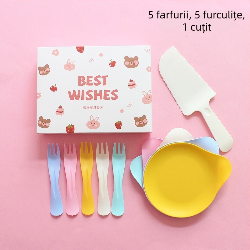 Set de farfurii și tacâmuri de plastic, de unică folosință, cu ursuleț desen animat, ambalat într-o cutie pentru petrecere