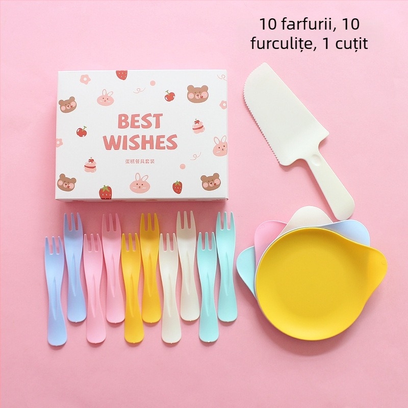 Set de farfurii și tacâmuri de plastic, de unică folosință, cu ursuleț desen animat, ambalat într-o cutie pentru petrecere