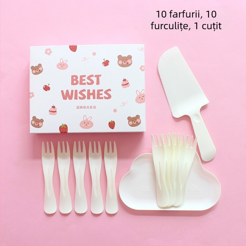 Set de farfurii și tacâmuri de plastic, de unică folosință, cu ursuleț desen animat, ambalat într-o cutie pentru petrecere