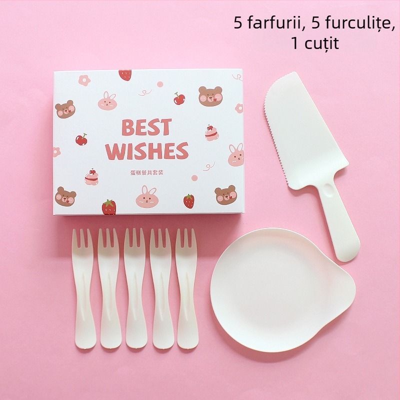 Set de farfurii și tacâmuri de plastic, de unică folosință, cu ursuleț desen animat, ambalat într-o cutie pentru petrecere