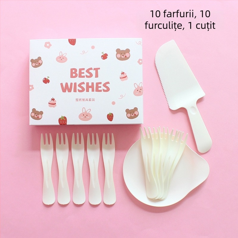 Set de farfurii și tacâmuri de plastic, de unică folosință, cu ursuleț desen animat, ambalat într-o cutie pentru petrecere