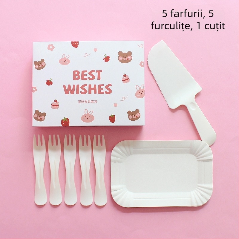 Set de farfurii și tacâmuri de plastic, de unică folosință, cu ursuleț desen animat, ambalat într-o cutie pentru petrecere