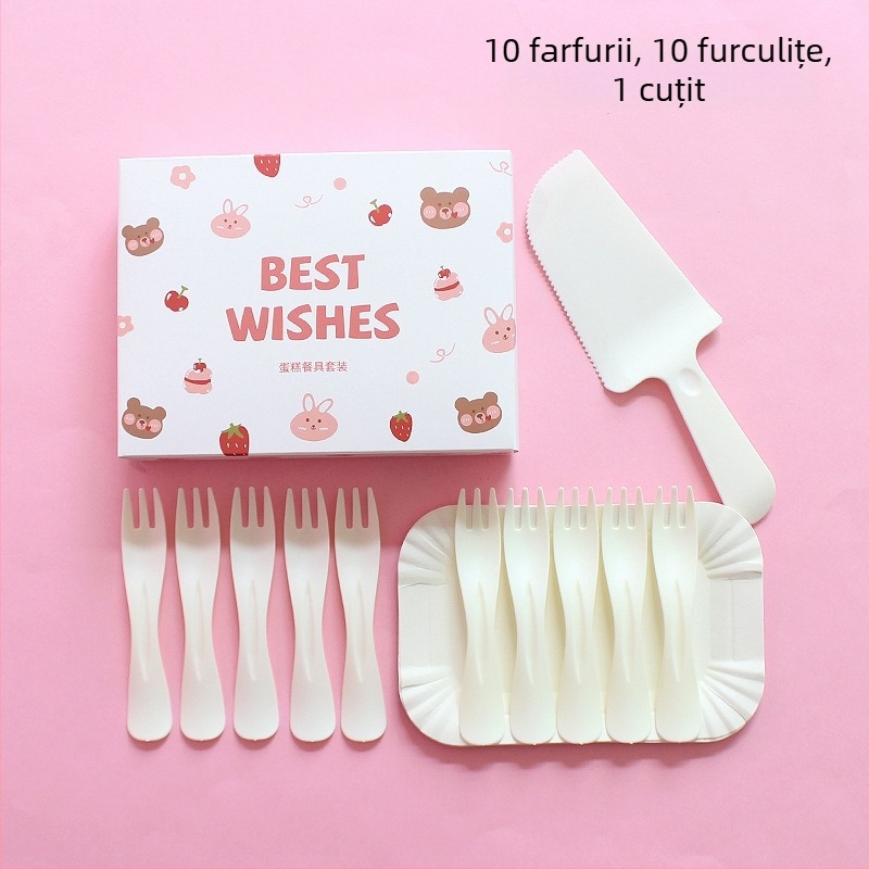 Set de farfurii și tacâmuri de plastic, de unică folosință, cu ursuleț desen animat, ambalat într-o cutie pentru petrecere