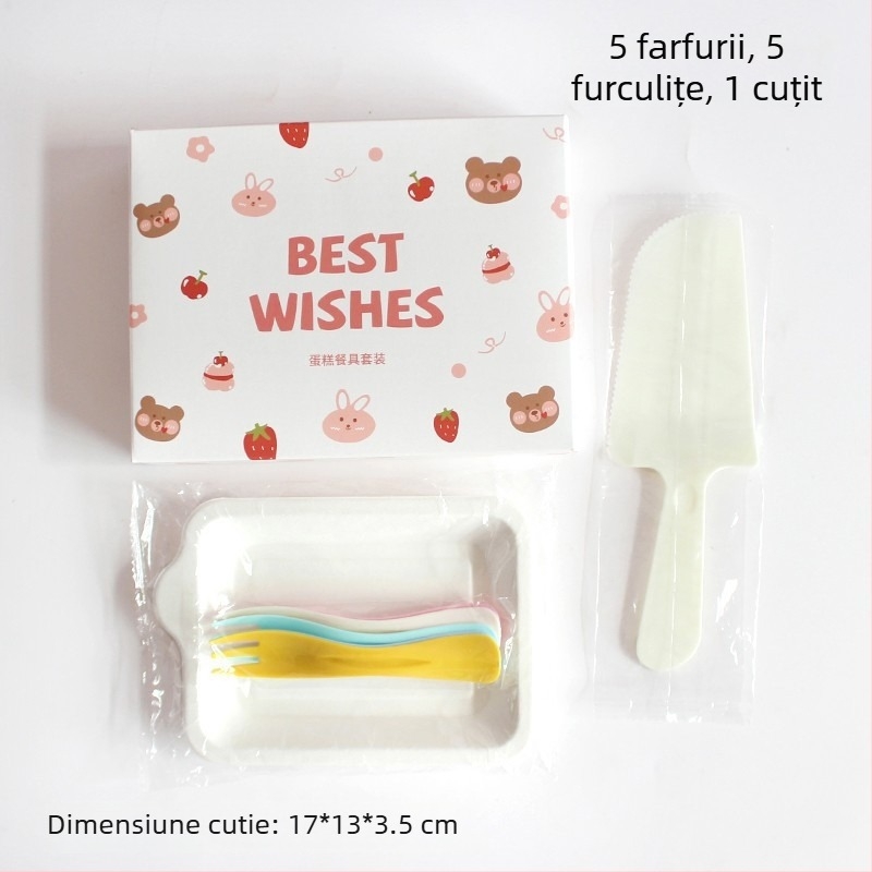 Set de farfurii și tacâmuri de plastic, de unică folosință, cu ursuleț desen animat, ambalat într-o cutie pentru petrecere