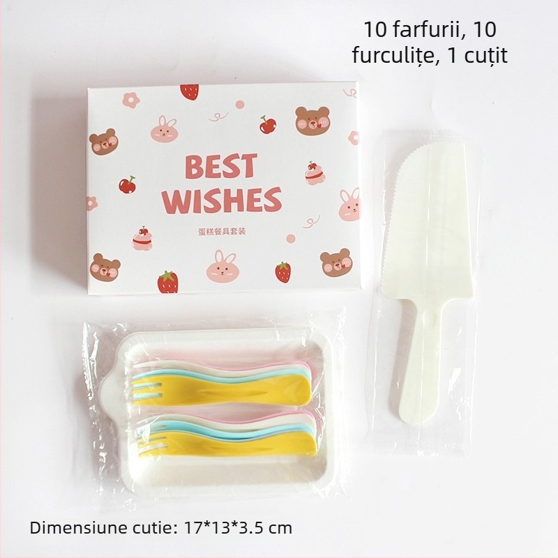 Set de farfurii și tacâmuri de plastic, de unică folosință, cu ursuleț desen animat, ambalat într-o cutie pentru petrecere