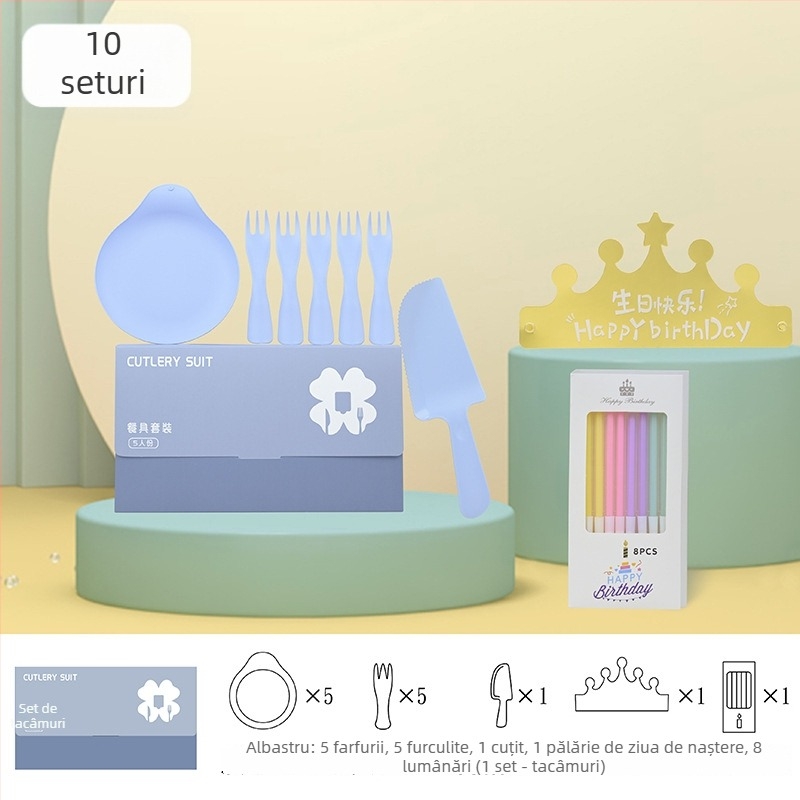 Set tacâmuri de unică folosință pentru tort de ziua ta: cuțit, furculiță, farfurie, lumânare în formă de picătură și pălărie; cinci în unu în cutie cadou; plastic alimentar; personalizabil