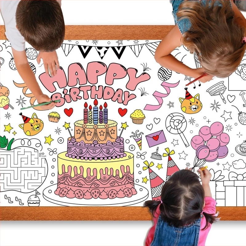 Față de masă de unică folosință pentru copii – DIY desen animat, masă de hârtie, stil poster pentru activități, potrivită pentru zile de naștere, Crăciun și Halloween