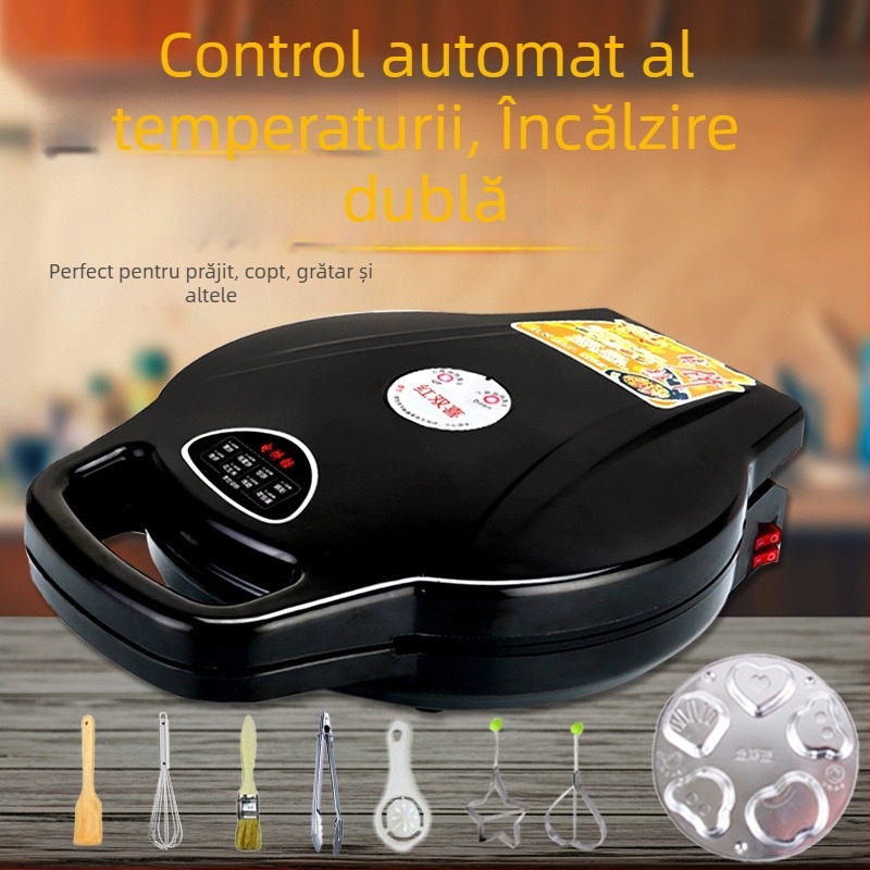 Tigaie electrică pentru clătite, încălzire dublă, diametru 28–32 cm, putere 1200–1500 W, control cu buton