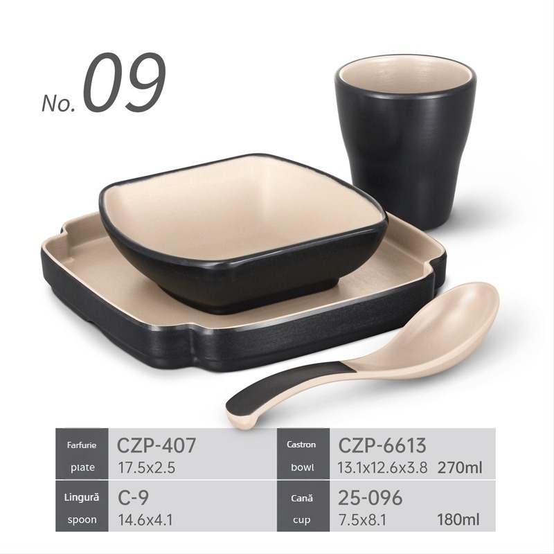 Set de veselă melamină patru piese pentru restaurante hot pot – rezistent la căderi, modele multiple, suprafață cu autocolant, logo tipărit