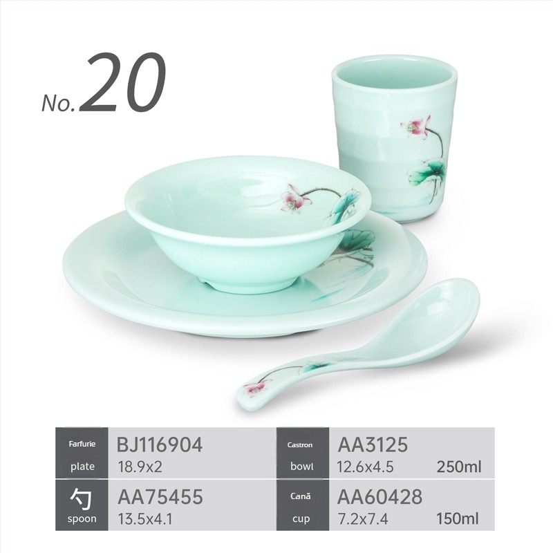 Set de veselă melamină patru piese pentru restaurante hot pot – rezistent la căderi, modele multiple, suprafață cu autocolant, logo tipărit