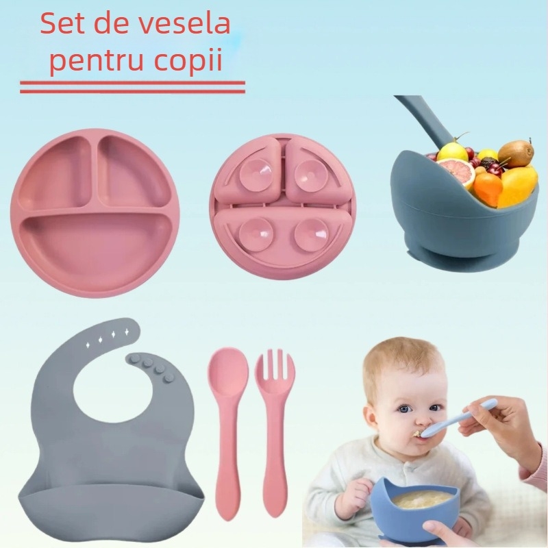 Set veselă din silicon pentru copii — farfurie din silicon (cod produs: Silicone dinner plate), de la 6 luni în sus, stil simplu