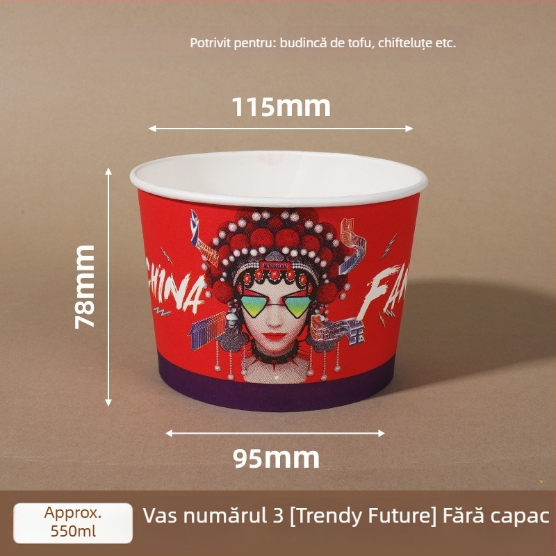 Vas din hârtie de unică folosință cu capac, formă rotundă întărită, logo imprimat, prelucrare personalizabilă