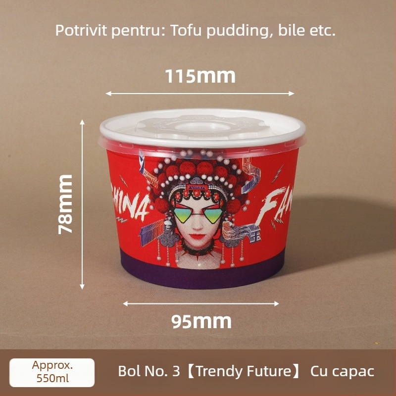 Vas din hârtie de unică folosință cu capac, formă rotundă întărită, logo imprimat, prelucrare personalizabilă