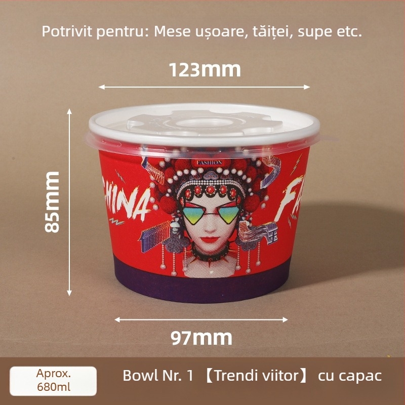 Vas din hârtie de unică folosință cu capac, formă rotundă întărită, logo imprimat, prelucrare personalizabilă