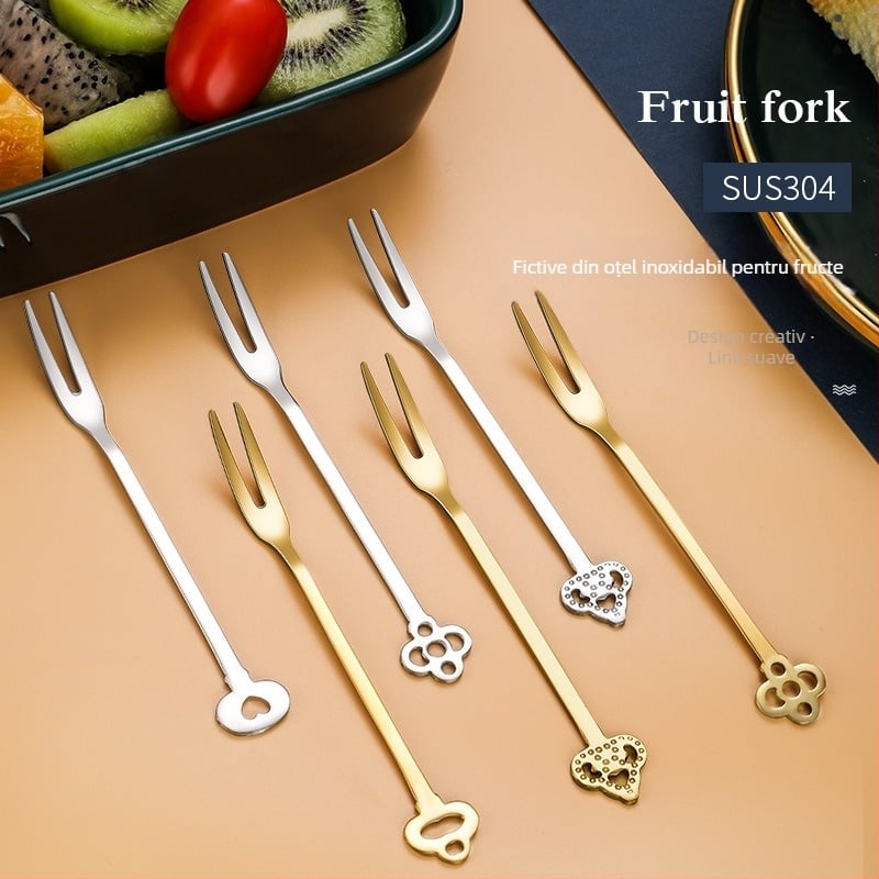 Furculiță de fructe cu două dinți, din oțel inoxidabil, stil modern minimalist, model cu flori, finisaj oglindă