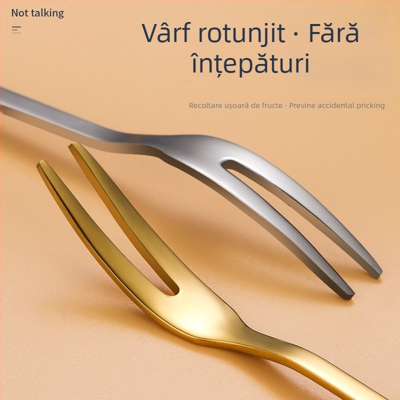 Furculiță de fructe cu două dinți, din oțel inoxidabil, stil modern minimalist, model cu flori, finisaj oglindă