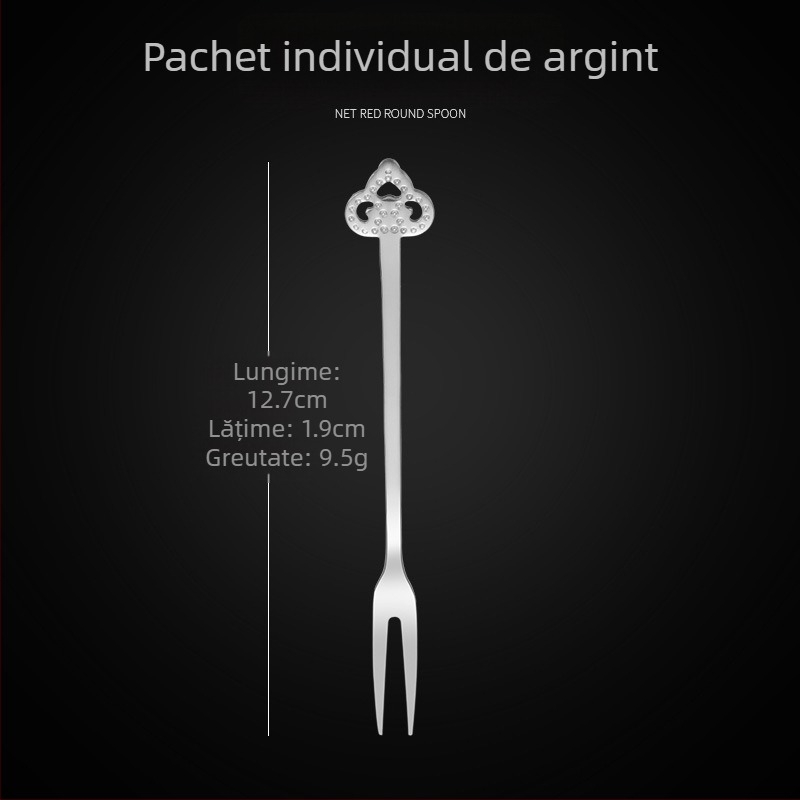 Furculiță de fructe cu două dinți, din oțel inoxidabil, stil modern minimalist, model cu flori, finisaj oglindă