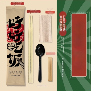 Set de tacâmuri de unică folosință, patru bucăți (bețișoare și lingură) din bambus – pentru catering și takeout, imprimare logo disponibil, personalizabil