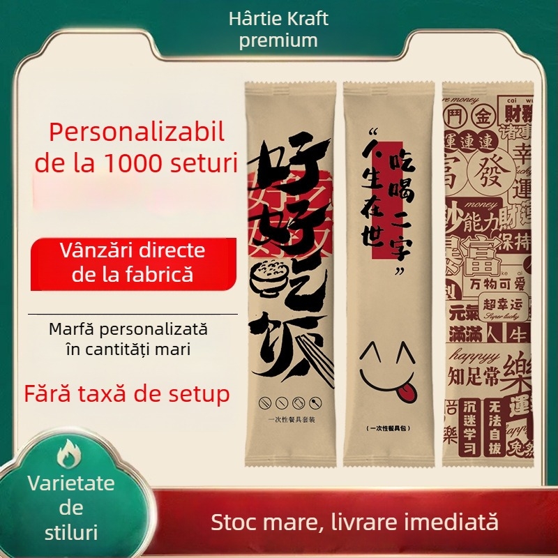 Set de tacâmuri de unică folosință, patru bucăți (bețișoare și lingură) din bambus – pentru catering și takeout, imprimare logo disponibil, personalizabil