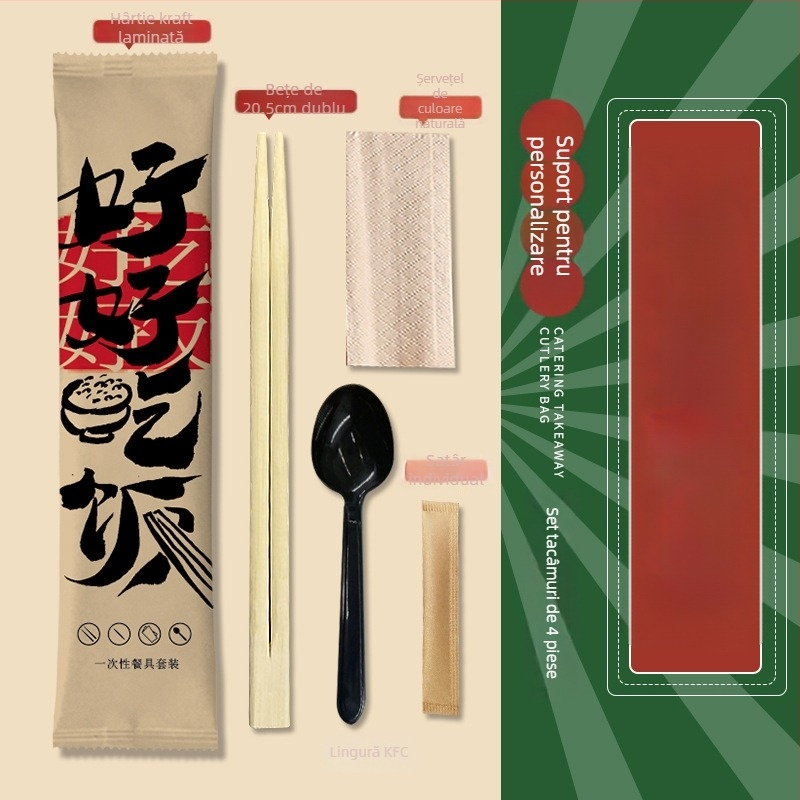 Set de tacâmuri de unică folosință, patru bucăți (bețișoare și lingură) din bambus – pentru catering și takeout, imprimare logo disponibil, personalizabil