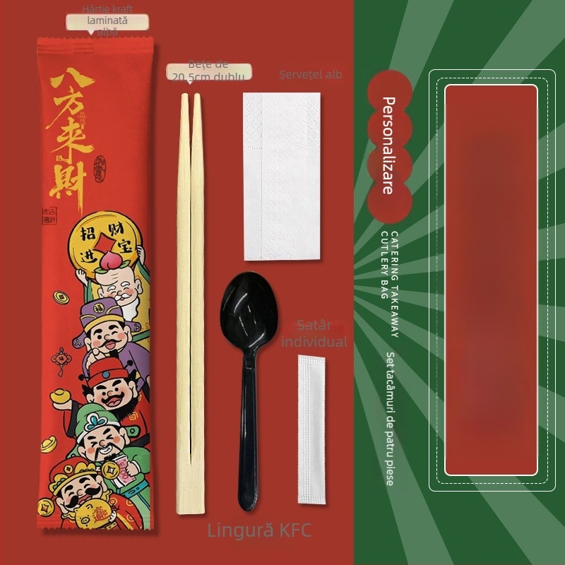 Set de tacâmuri de unică folosință, patru bucăți (bețișoare și lingură) din bambus – pentru catering și takeout, imprimare logo disponibil, personalizabil