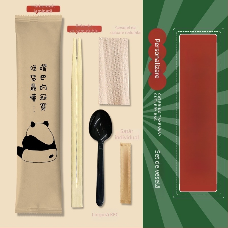 Set de tacâmuri de unică folosință, patru bucăți (bețișoare și lingură) din bambus – pentru catering și takeout, imprimare logo disponibil, personalizabil