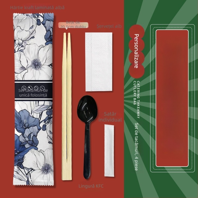 Set de tacâmuri de unică folosință, patru bucăți (bețișoare și lingură) din bambus – pentru catering și takeout, imprimare logo disponibil, personalizabil