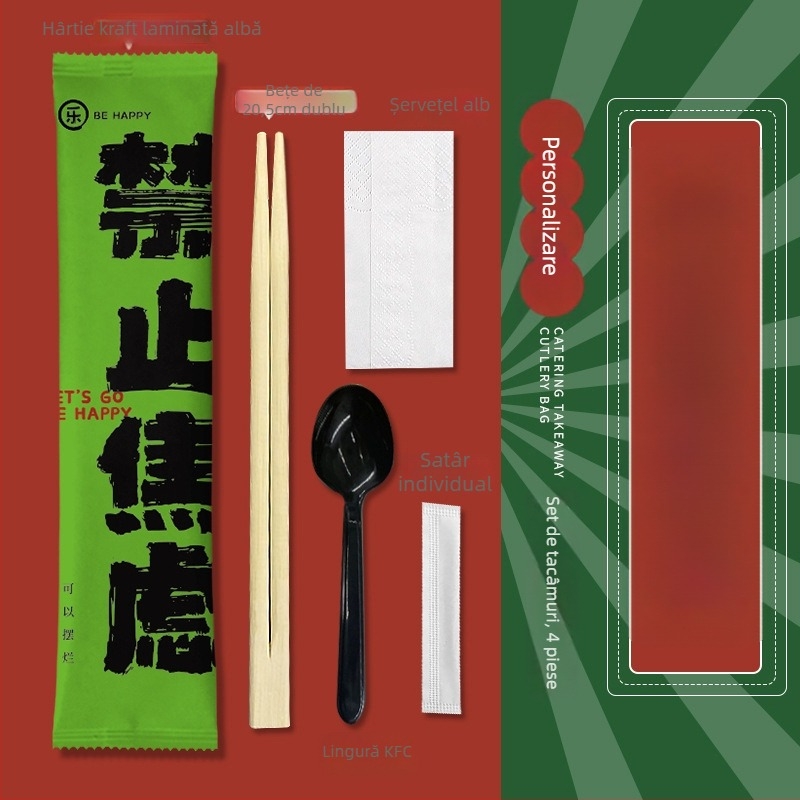Set de tacâmuri de unică folosință, patru bucăți (bețișoare și lingură) din bambus – pentru catering și takeout, imprimare logo disponibil, personalizabil