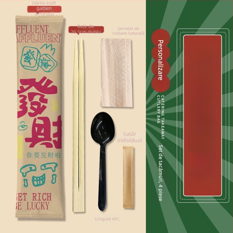 Set de tacâmuri de unică folosință, patru bucăți (bețișoare și lingură) din bambus – pentru catering și takeout, imprimare logo disponibil, personalizabil