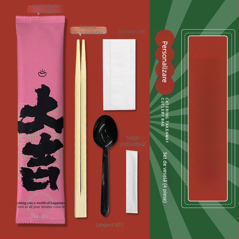 Set de tacâmuri de unică folosință, patru bucăți (bețișoare și lingură) din bambus – pentru catering și takeout, imprimare logo disponibil, personalizabil