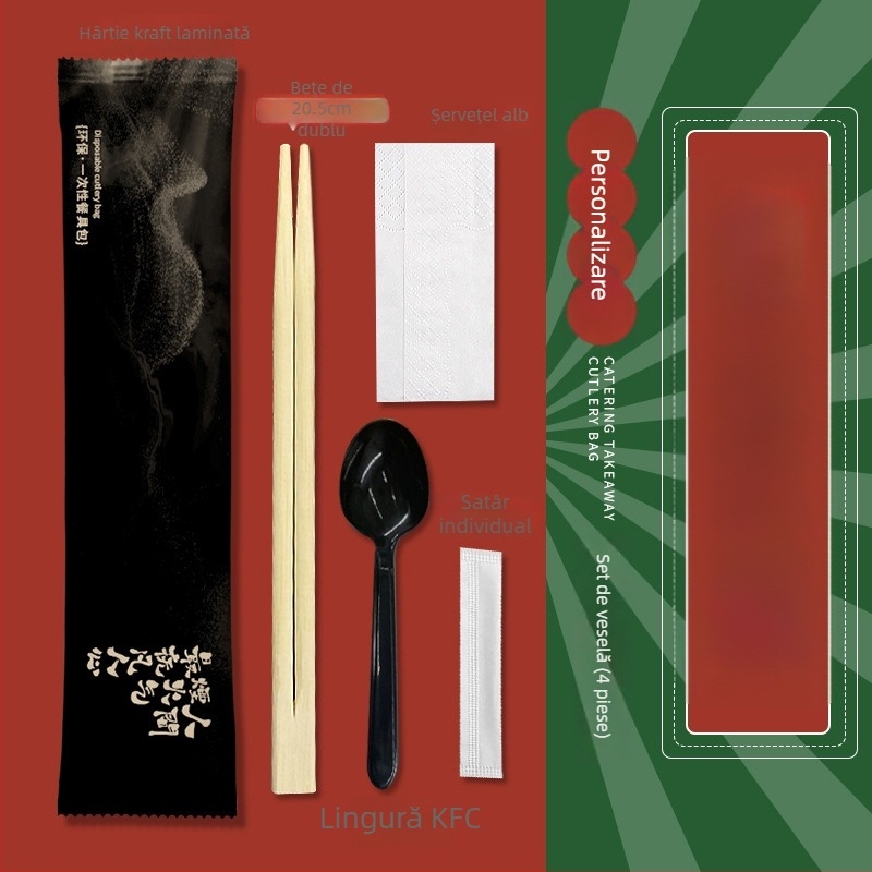 Set de tacâmuri de unică folosință, patru bucăți (bețișoare și lingură) din bambus – pentru catering și takeout, imprimare logo disponibil, personalizabil