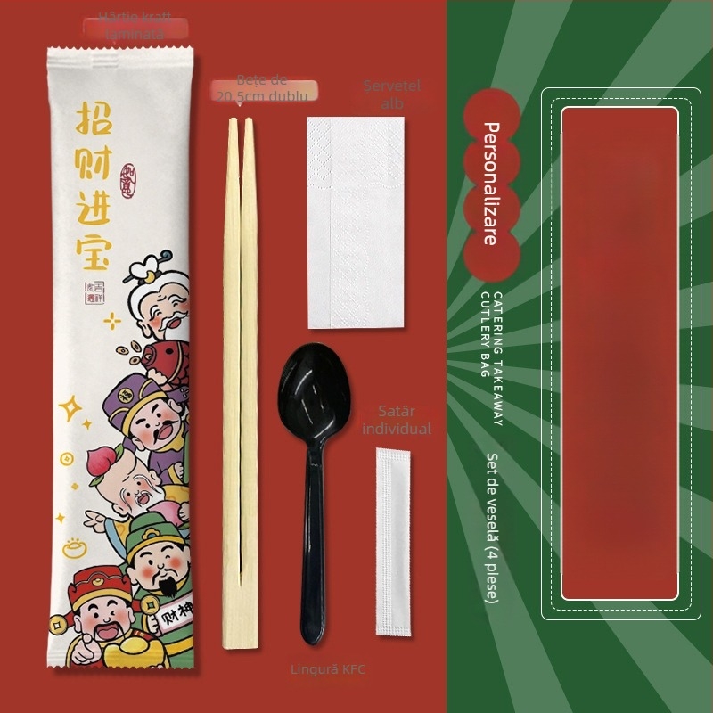 Set de tacâmuri de unică folosință, patru bucăți (bețișoare și lingură) din bambus – pentru catering și takeout, imprimare logo disponibil, personalizabil