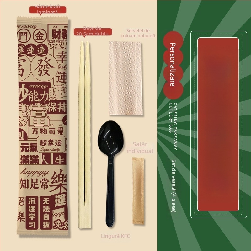 Set de tacâmuri de unică folosință, patru bucăți (bețișoare și lingură) din bambus – pentru catering și takeout, imprimare logo disponibil, personalizabil