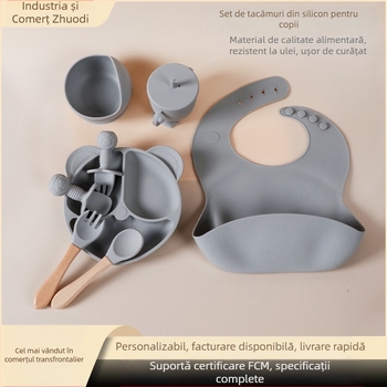 Set de veselă pentru bebeluși din silicon alimentar cu bavă și farfurie compartimentată cu ventuză – 6 piese, potrivit pentru copii peste 6 luni