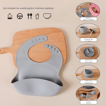 Set de veselă pentru bebeluși din silicon alimentar cu bavă și farfurie compartimentată cu ventuză – 6 piese, potrivit pentru copii peste 6 luni