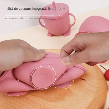 Set de veselă pentru bebeluși din silicon alimentar cu bavă și farfurie compartimentată cu ventuză – 6 piese, potrivit pentru copii peste 6 luni