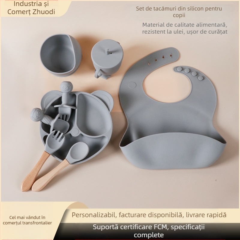 Set de veselă pentru bebeluși din silicon alimentar cu bavă și farfurie compartimentată cu ventuză – 6 piese, potrivit pentru copii peste 6 luni