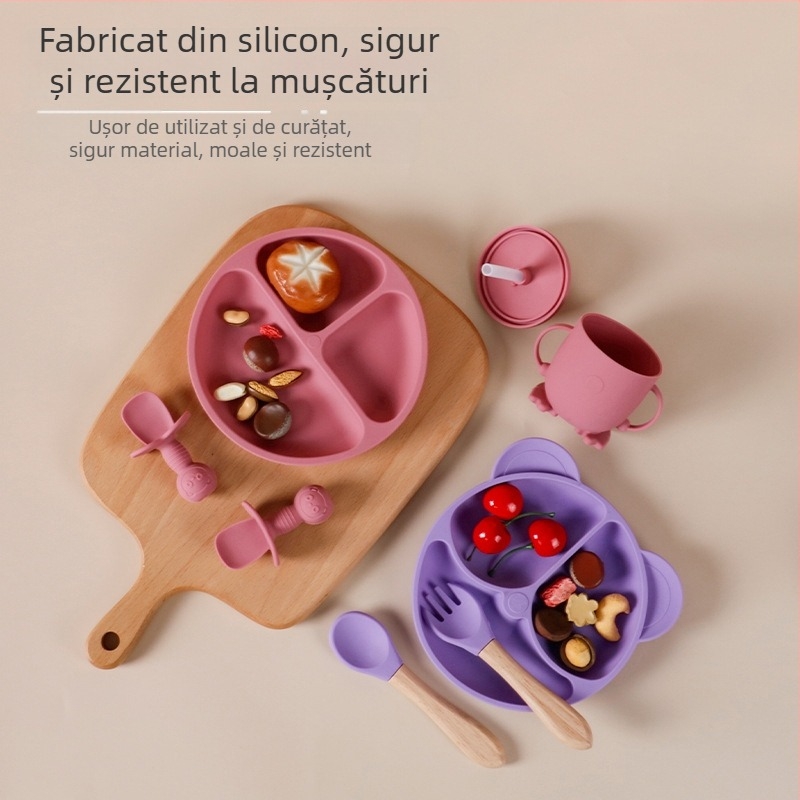 Set de veselă pentru bebeluși din silicon alimentar cu bavă și farfurie compartimentată cu ventuză – 6 piese, potrivit pentru copii peste 6 luni
