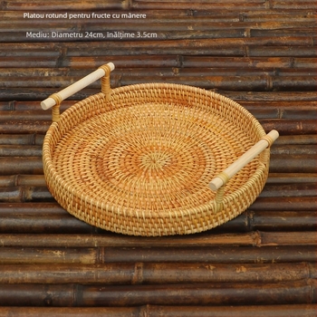 Coș împletit manual din răchită pentru fructe și pâine, stil nordic minimalist, tavă din bambus