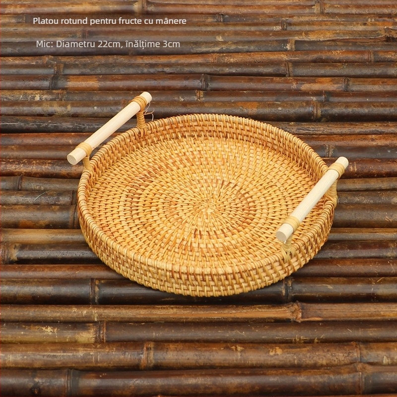 Coș împletit manual din răchită pentru fructe și pâine, stil nordic minimalist, tavă din bambus