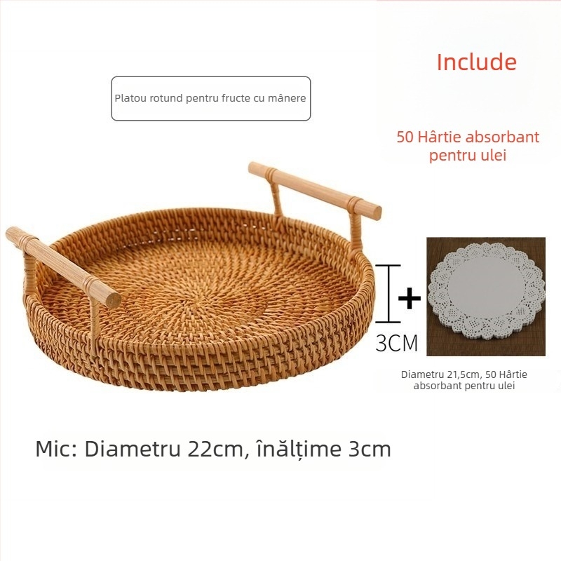 Coș împletit manual din răchită pentru fructe și pâine, stil nordic minimalist, tavă din bambus