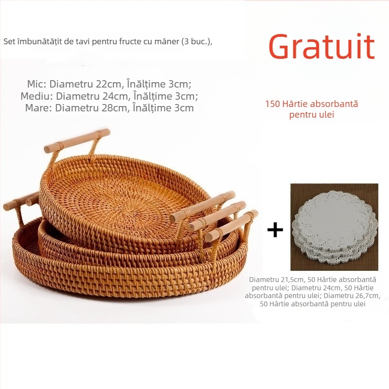 Coș împletit manual din răchită pentru fructe și pâine, stil nordic minimalist, tavă din bambus