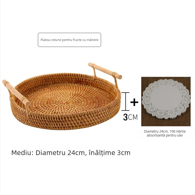 Coș împletit manual din răchită pentru fructe și pâine, stil nordic minimalist, tavă din bambus